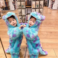 Baby Jumpsuit - Cute hooded animal onesie in blue and purple on a toddler, perfect for winter.