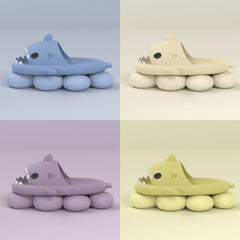 Cartoon Shark Slippers on a green pedestal, showcasing 4cm thick sole and playful shark design.