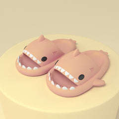Cartoon Shark Slippers on a green pedestal, showcasing 4cm thick sole and playful shark design.