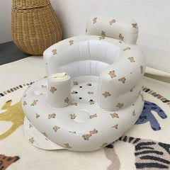 Inflatable Baby Chair designed for dining and bath, featuring colorful patterns for babies 6 to 24 months.