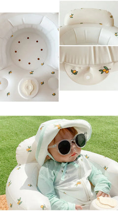 Inflatable Baby Chair designed for dining and bath, featuring colorful patterns for babies 6 to 24 months.