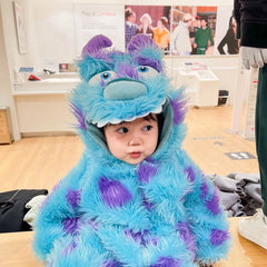 Baby Jumpsuit - Cute hooded animal onesie in blue and purple on a toddler, perfect for winter.