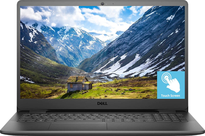 Dell Inspiron 15.6 Touch-Screen Laptop displaying a scenic mountain view with touch screen feature highlighted.