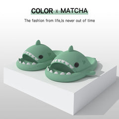 Cartoon Shark Slippers on a green pedestal, showcasing 4cm thick sole and playful shark design.