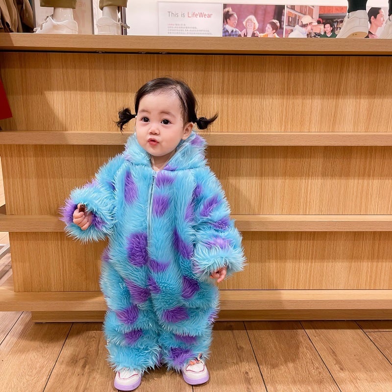 Baby Jumpsuit - Cute hooded animal onesie in blue and purple on a toddler, perfect for winter.